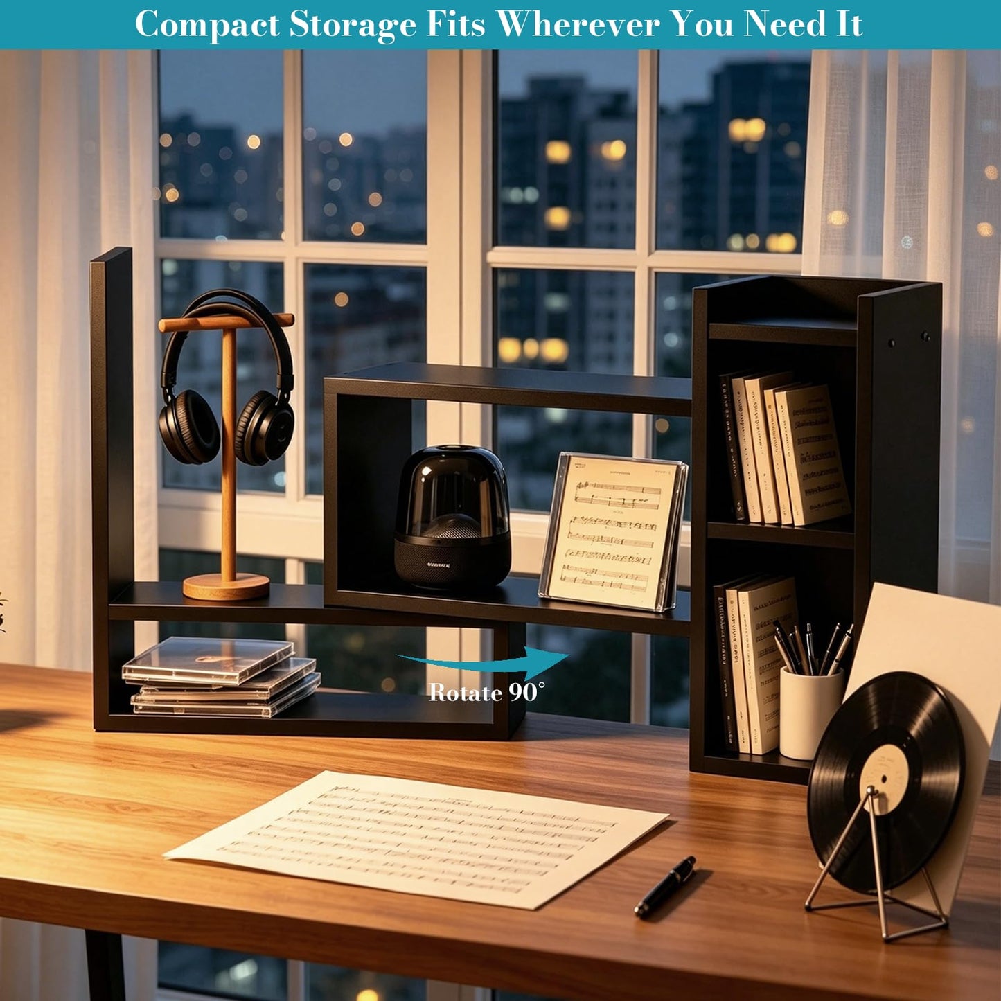 Rivosar Wooden Desktop Bookshelf, Expandable Desk Shelf with Storage Unit