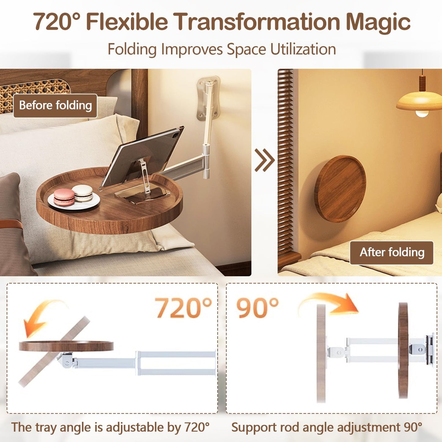 Ysislybin Round Wall-Mounted Folding Table, 720° Freely Adjustable Foldable Wall Desk Foldable Wall Bedside Table Space-Saving For Bedroom Living