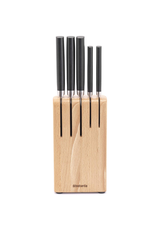 Brabantia 5 Knives Knife Block with Dark Grey Handled Knives & Slotted Beech Wood Countertop Organiser - 6-Piece Set Includes Chef, Bread, Carving,