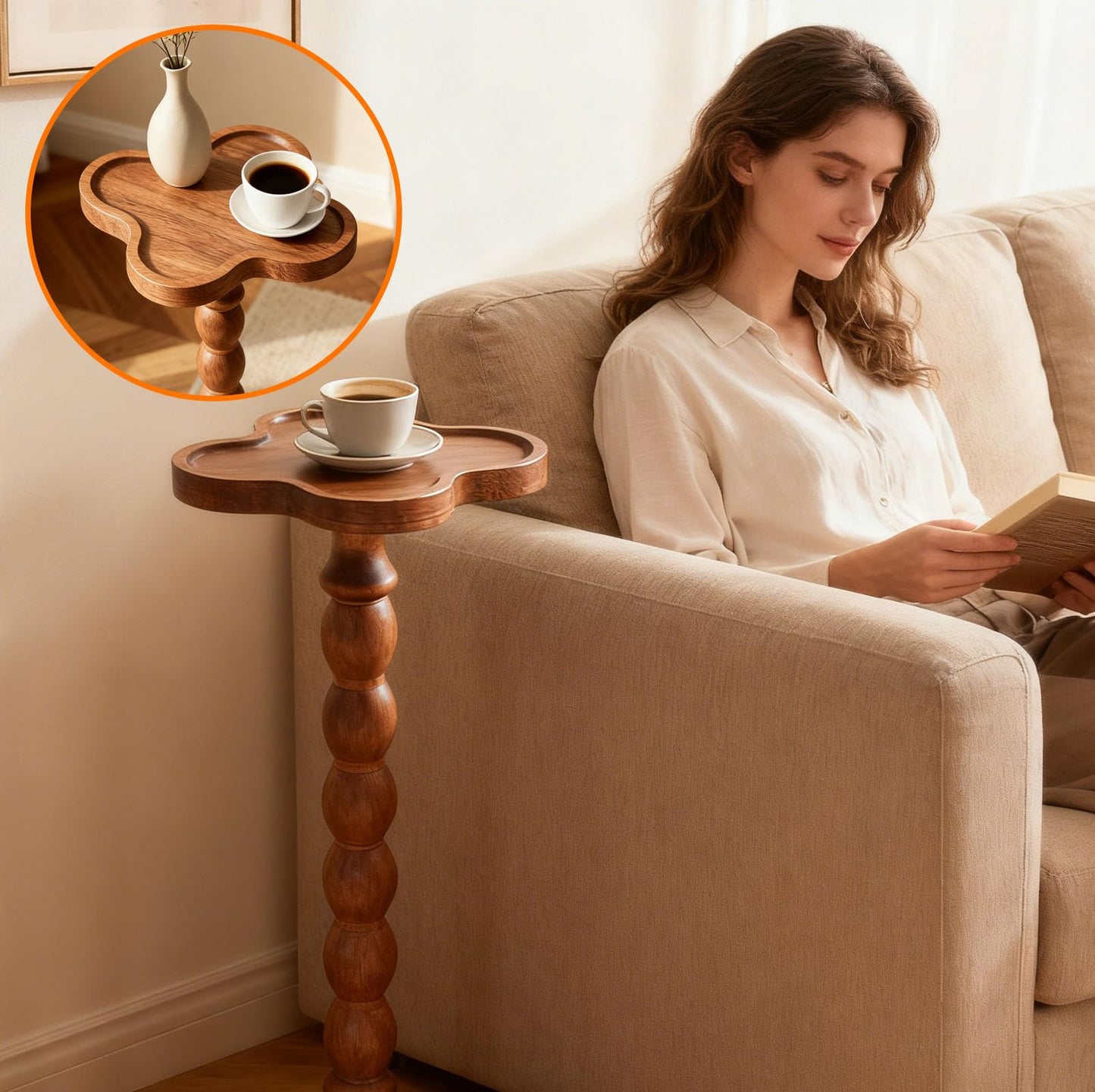 60 cm Solid Wood Round Bar Table, Modern Coffee Drink End Tables, Anti-slip Cocktail Pedestal Side Table