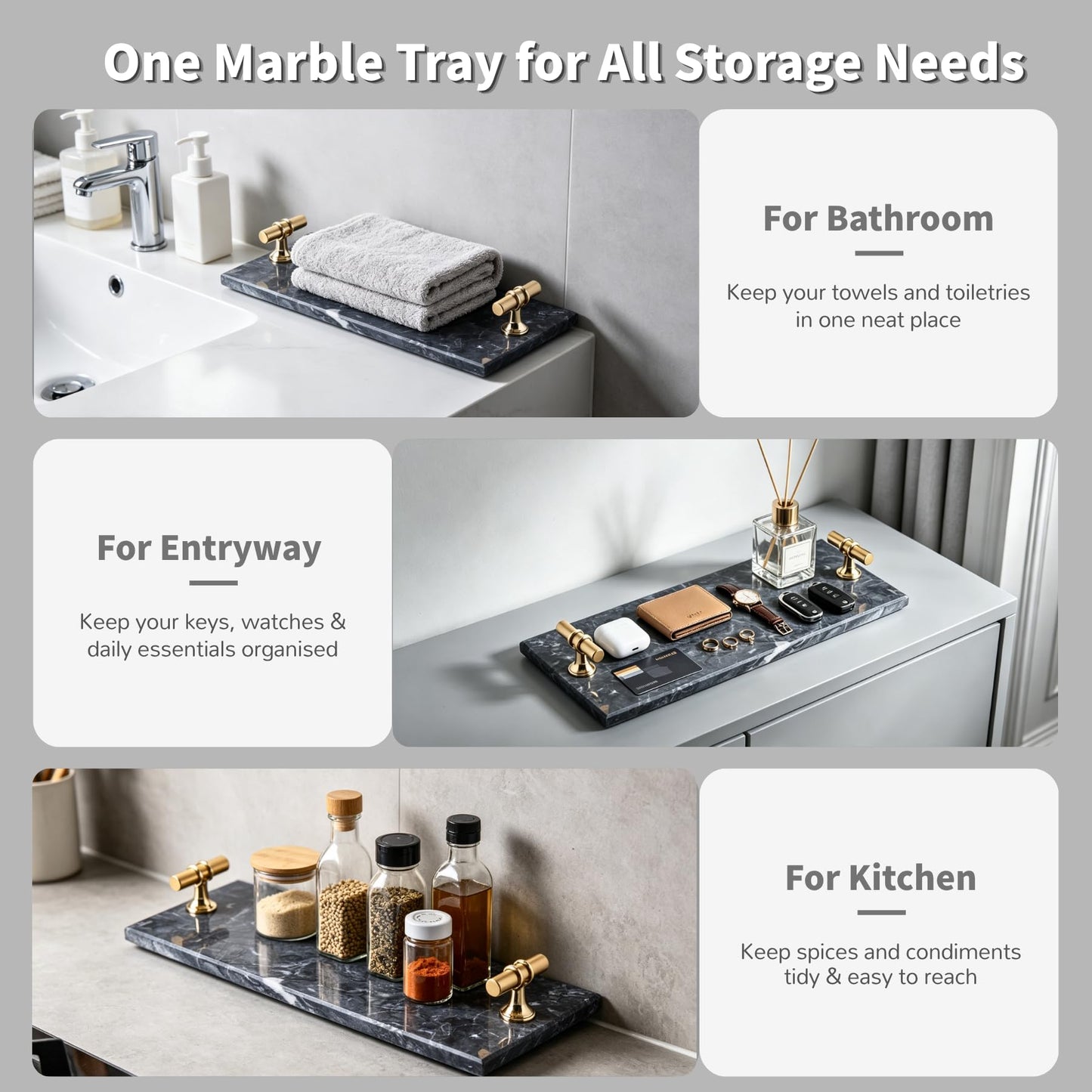 Natural Marble Vanity Tray with Handles & Foot Pads for Bathroom Home Decor
