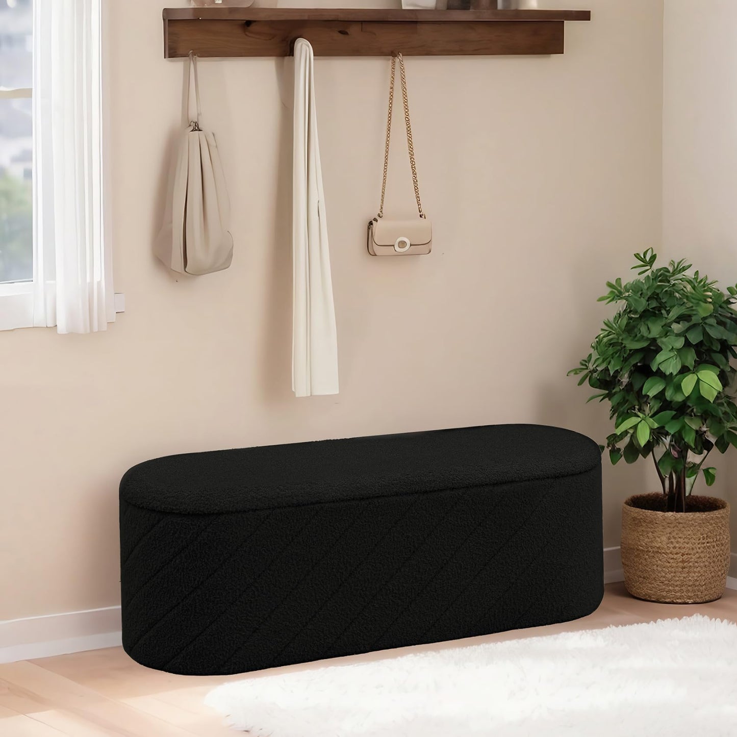 Bonlife Oval Ottoman with Storage Bench, Folding Foot Rest with Lid, Boucle End of Bed Bench,Foostool for Living