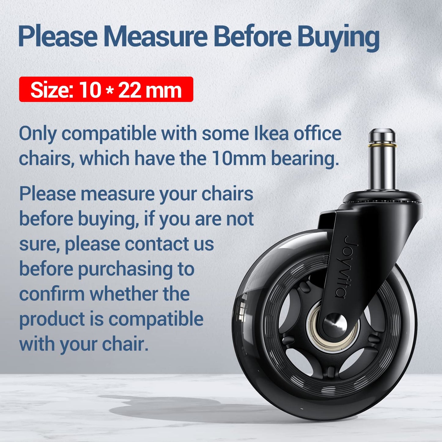 Office Chair Wheels Stem diameter (10 mm) * Stem length (22 mm), Set of 5 Rubber Chair Castors Replacements for Hard Floors, Parquet, Carpet