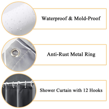 hzkais Black Shower Curtain, Mould Proof and Mildew Resistant Washable Bathroom Curtains, Shower Curtain for Bathroom, Bath Curtains with Hooks