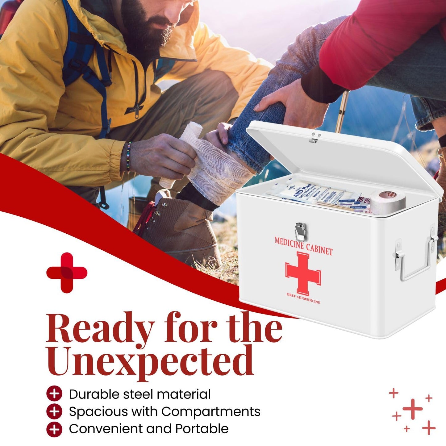 Flexzion First Aid Box Organizer Empty with Lock - 13" White Vintage First Aid Kit Tin Metal Medical Box