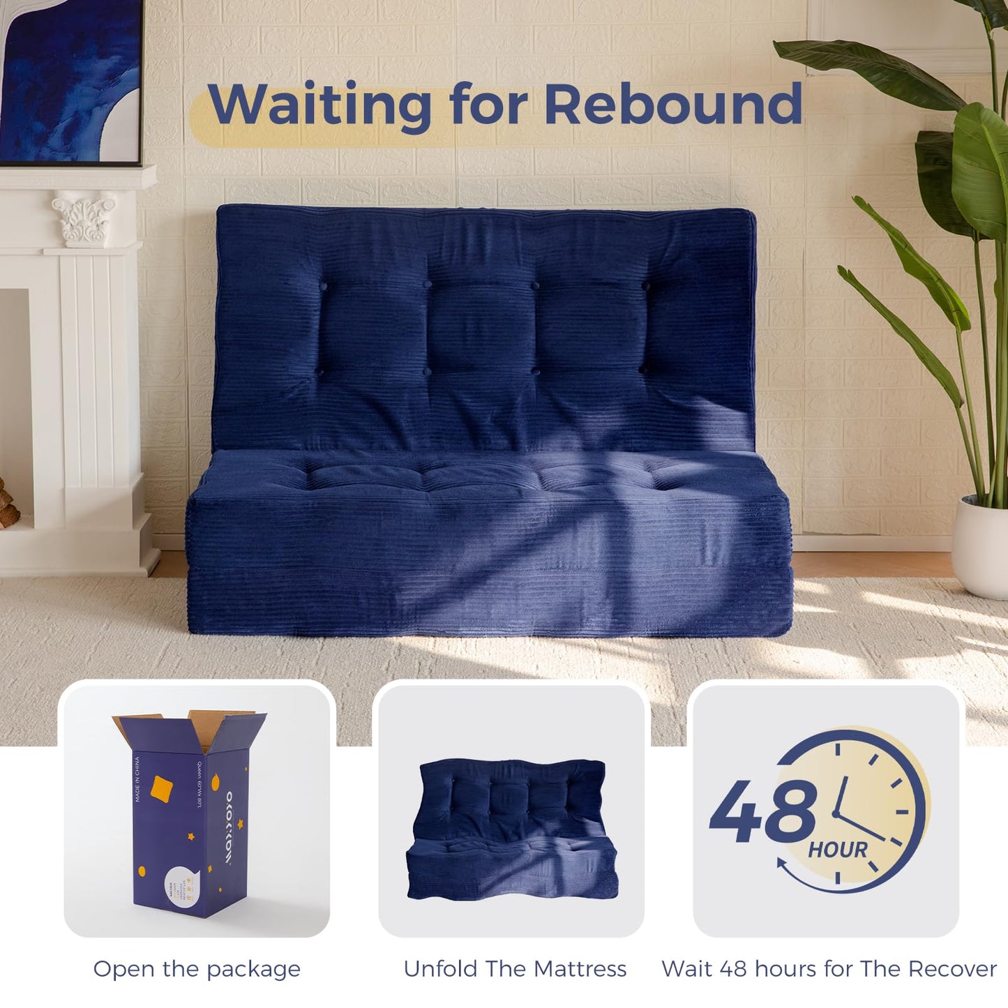 MAXYOYO Folding Mattress, Comfy Corduroy Foldable Mattress with 15cm Thicken Foam, Tri-Fold Floor Futon Sofa Bed for Guest,Dark blue,Double