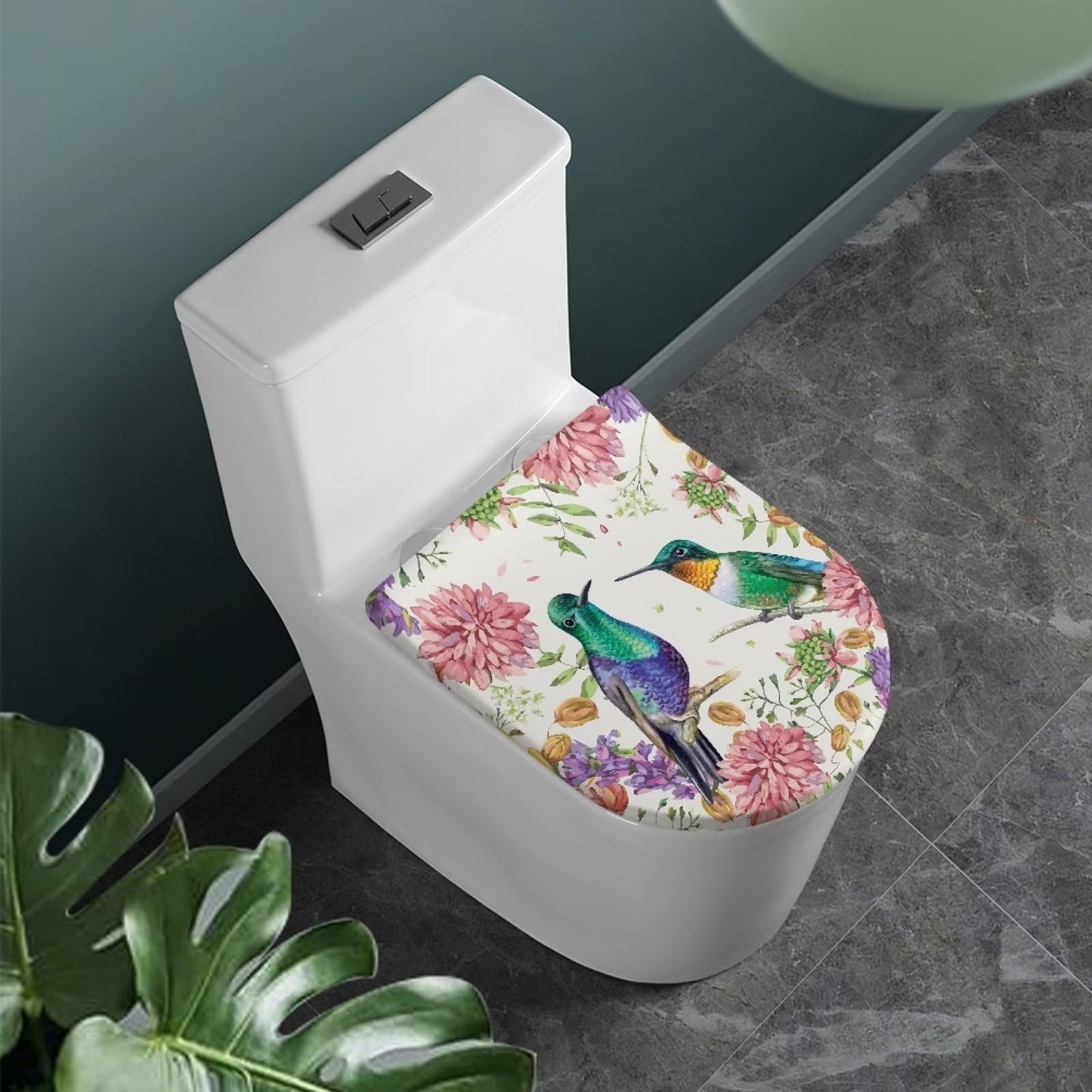 COEQINE Hummingbird Floral Toilet Lid Cover Set Oval Pink Boho Flower Toilet Seat Lid Cover Oval Elongated Bathroom Non Slip With Elastic Edge