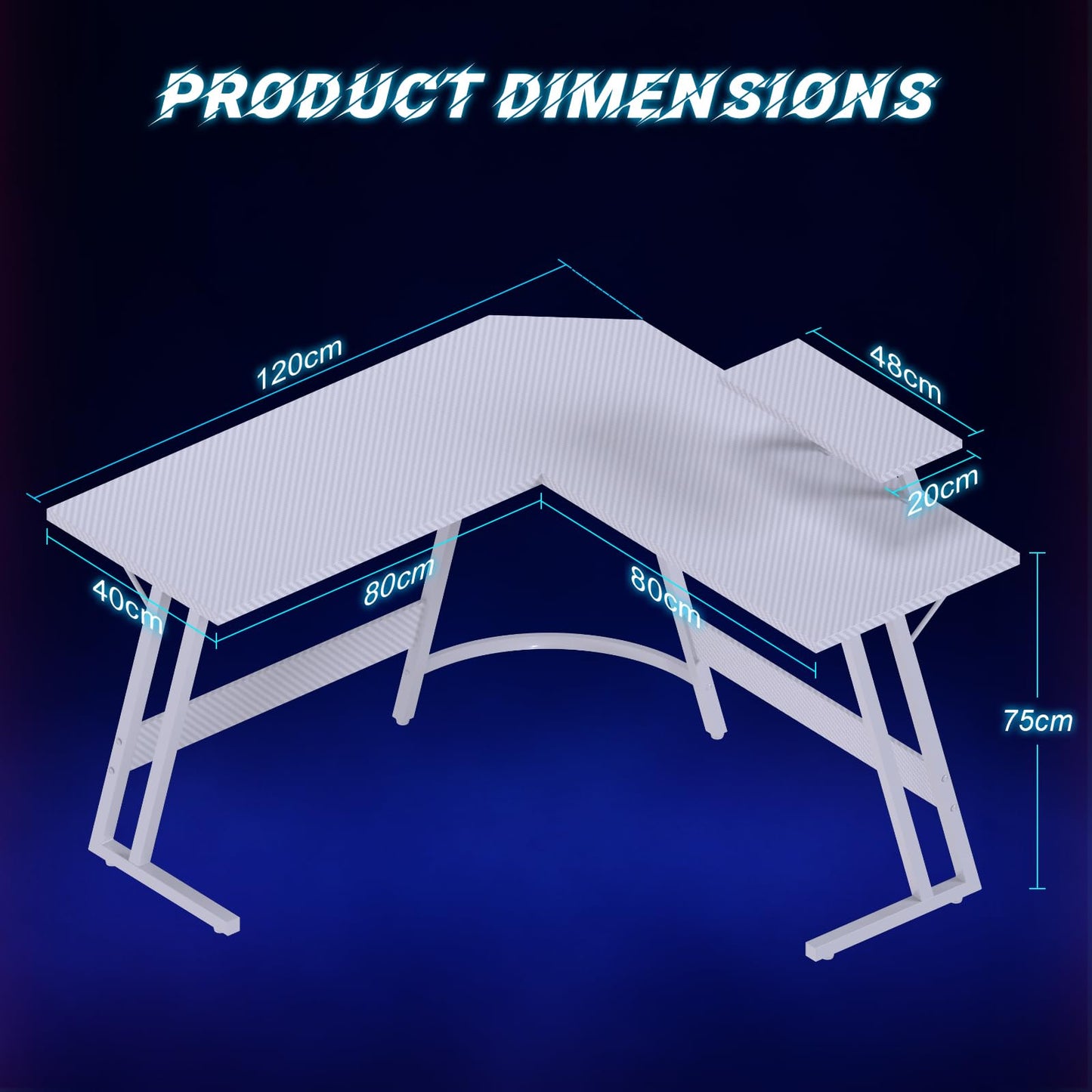 JUMMICO L Shaped Gaming Desk with Large Monitor Stand 120x120x75cm,Corner Desk for Home Office Study Writing Workstation, White