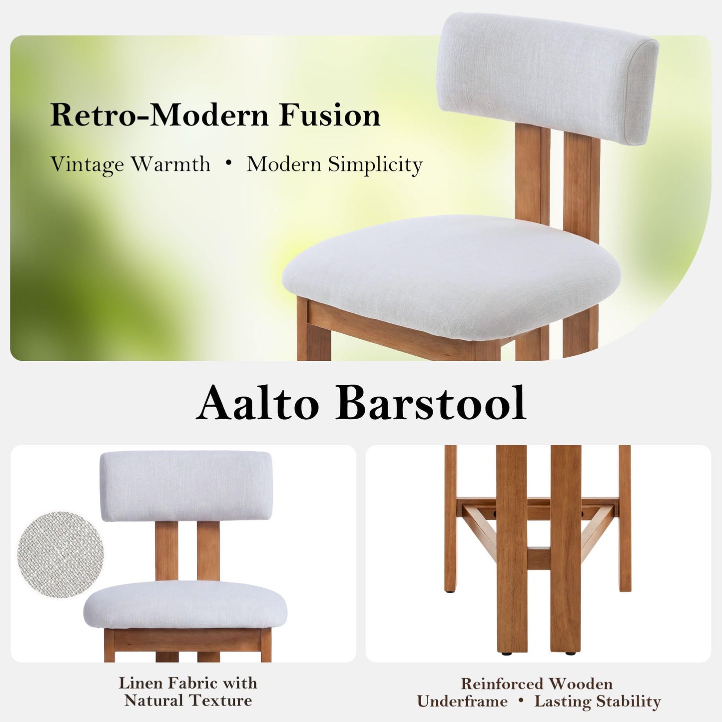 younturn Retro Mid Century Bar Stools Set of 2, Comfort Padded Linen Upholstered Seats Breakfast Barstools with Backrest