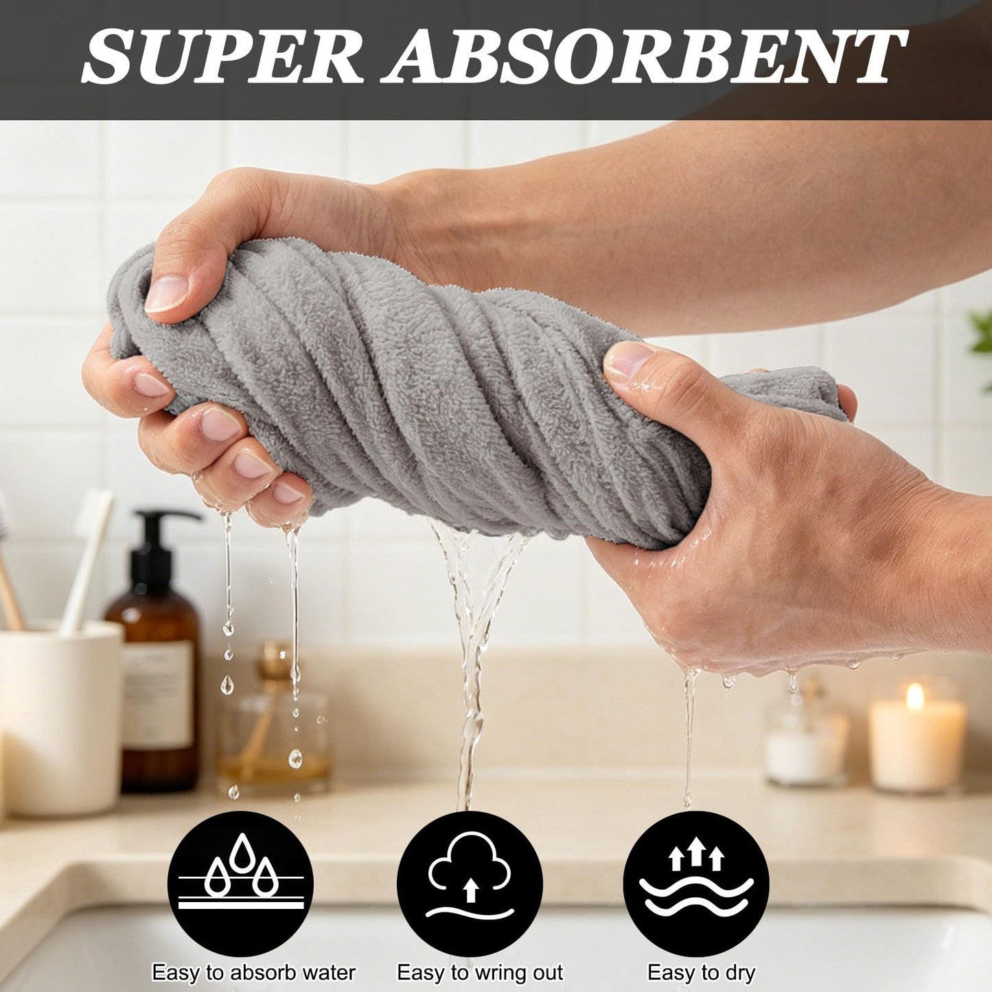 Lkw Ogechi Double Layer Microfiber Satin Hair Drying Towel Wrap 70x25cm with Button, Soft and Anti Frizz Hair Turban Towels
