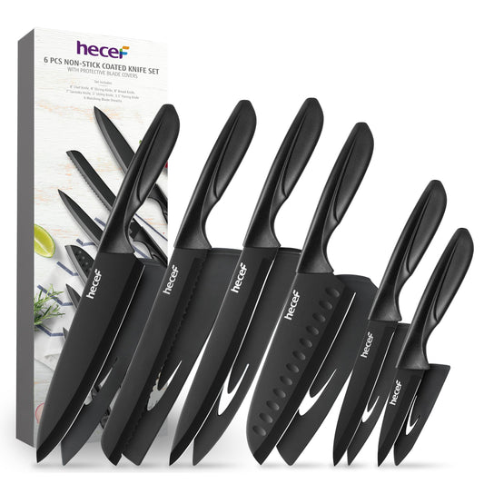 hecef 6 Pieces Sharp Kitchen Knives Designed with Non-Stick Coated Blade & Lightweight Ergonomic Handle for Effortless Performance