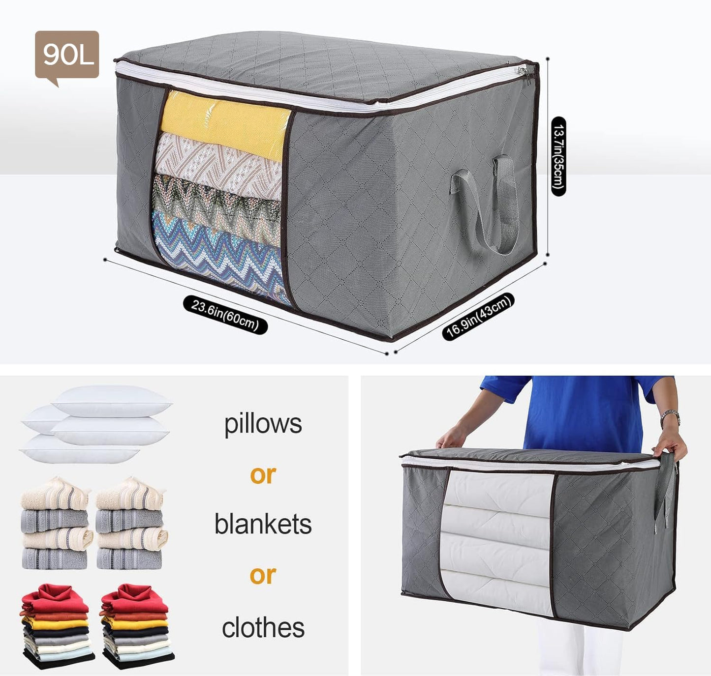 AiQInu Large 90 L Foldable Clothes Storage Bags Pack of 3 with Reinforced Handle, Storage Bags for Duvets, Clothes, Quilts, Pillows, 60 x 44 x 35 cm