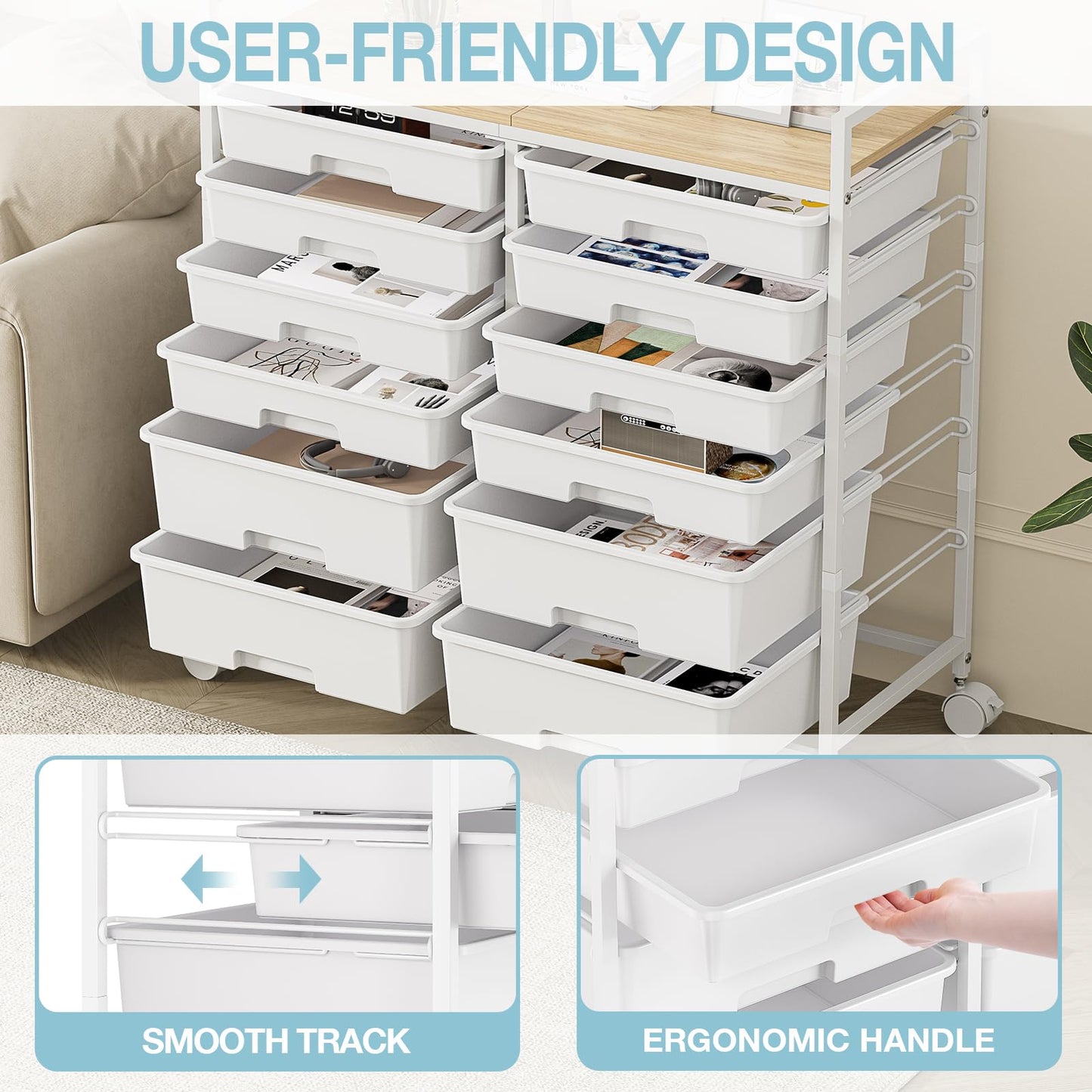 12-Drawer Craft Organizer Trolley Cart with Wooden Top, White