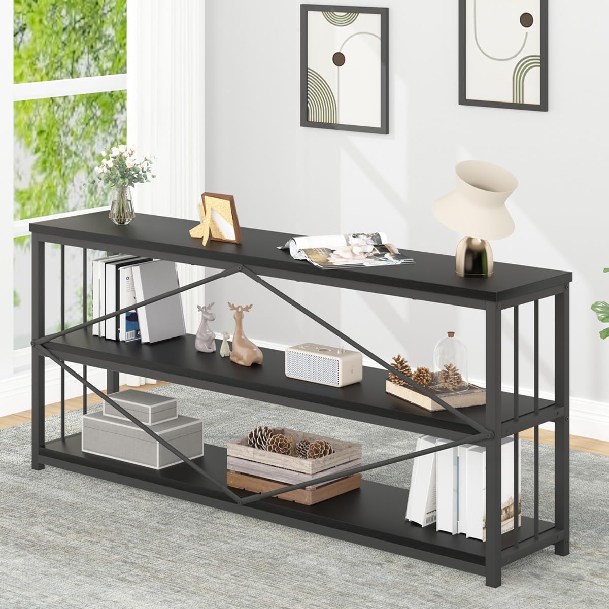IBF 63" Black Low Horizontal Bookcase, Modern Long Wood Metal 3 Tier Book Shelf, Farmhouse Vintage Big Open Sturdy Bookshelf