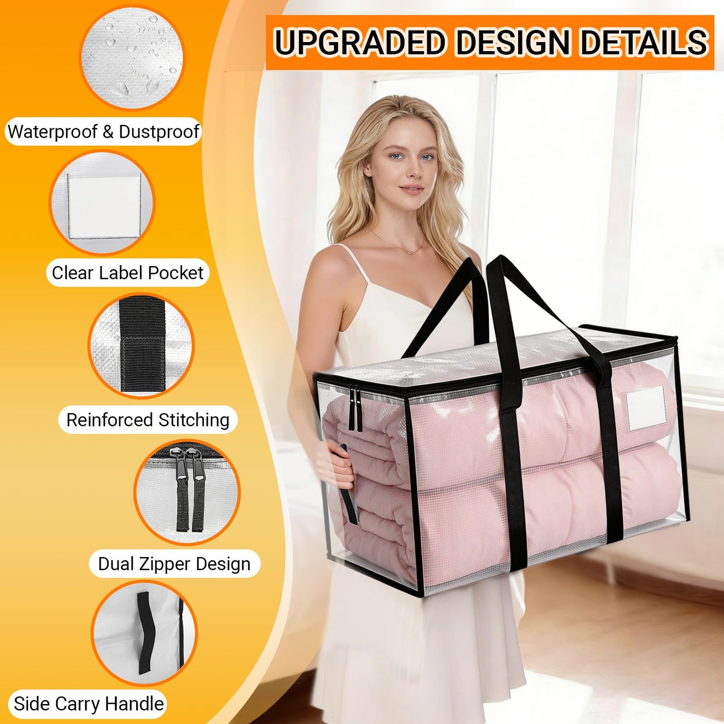 Large Moving Boxes and Storage Bags - 6 Pack 92L Heavy Duty Extra Large Moving Bags with Reinforced Bottom, Dual Zips & Clear Window for Decoration