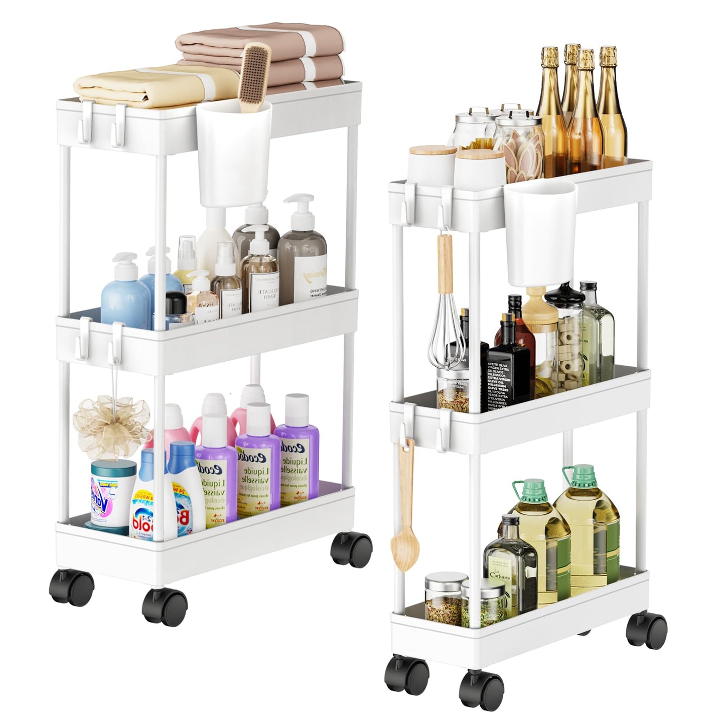 Shrivee Kitchen Cart with 3 Tiers, 2 Pack Narrow Bathroom Cart with Wheels, Plastic Basket and Metal Tube for Small Space Storage, Bathroom, Laundry