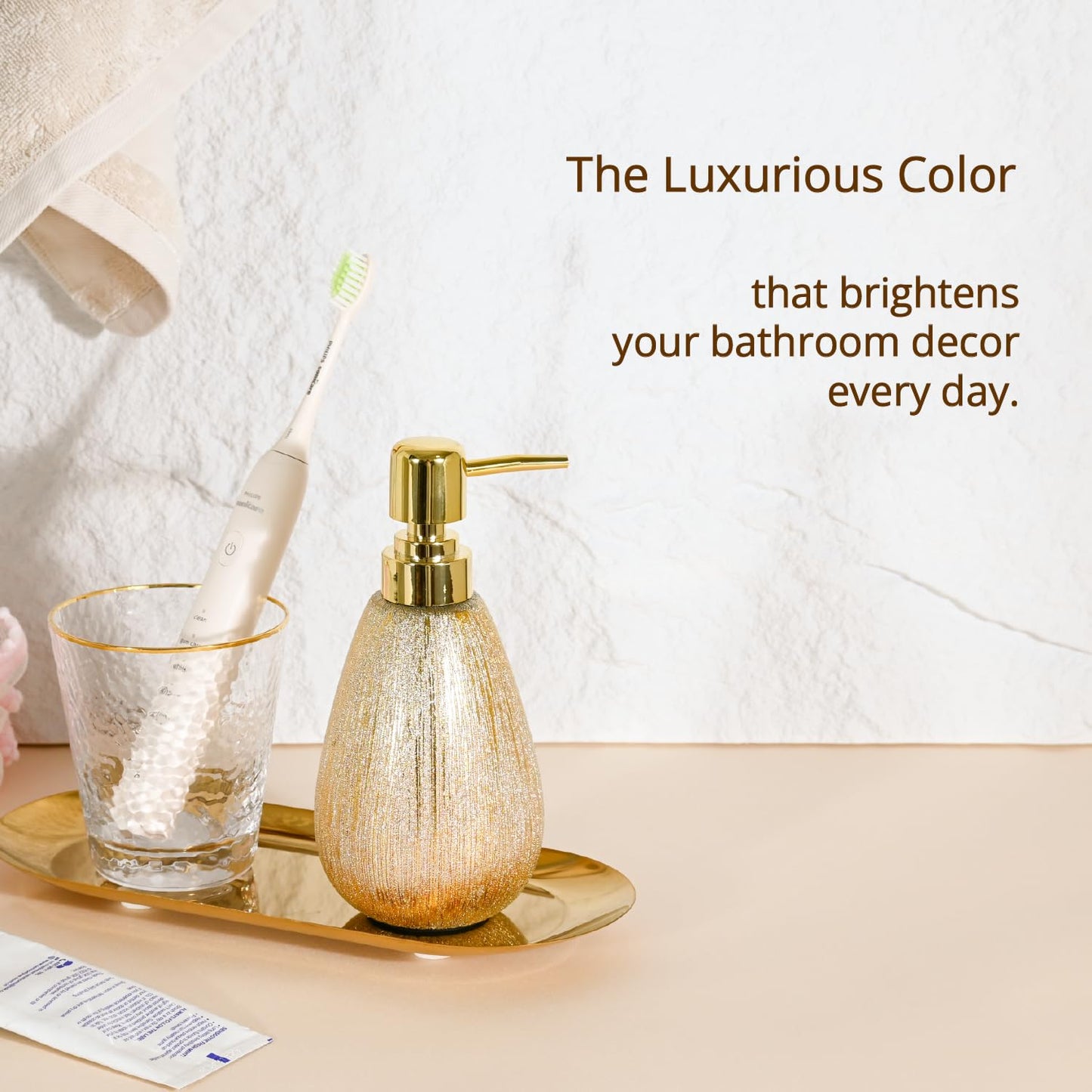 Brushed Gold Ceramic Soap Dispenser, 11 Oz Refillable Hand Soap and Sanitizer Pump, 3D Textured Design for Kitchen or Bathroom Décor, Brushed Gold