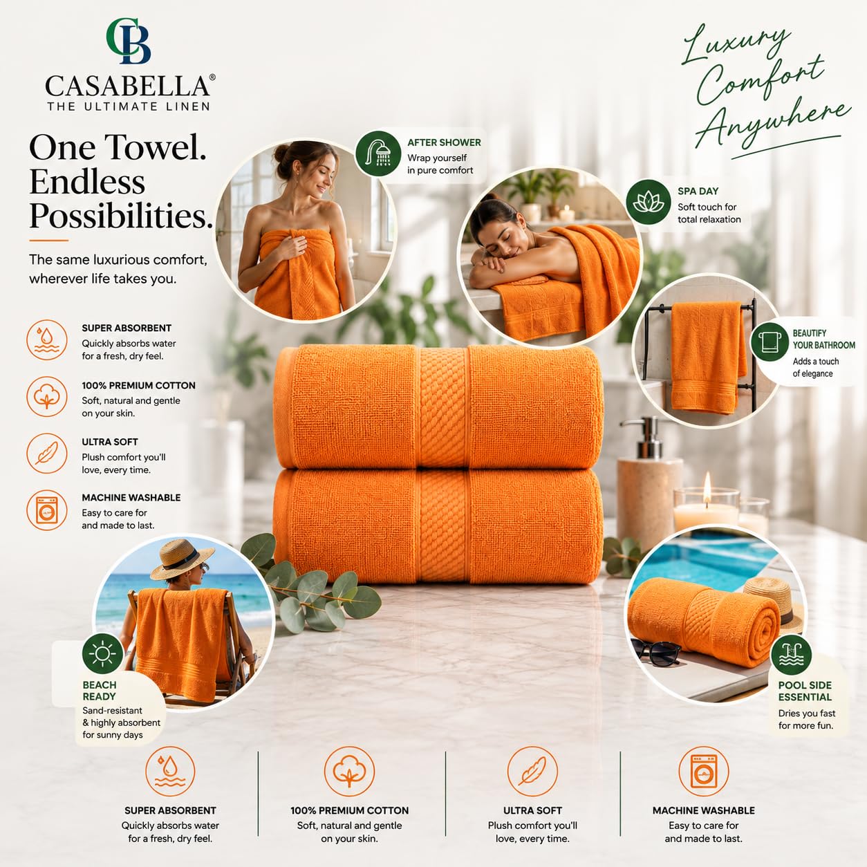 Casabella CB 2 Piece Jumbo Bath sheet 100% Combed Cotton Extra Large Bath Towel bale set super Absorbent Soft Orange 2 Pack 90X180 CM Bath-sheets for