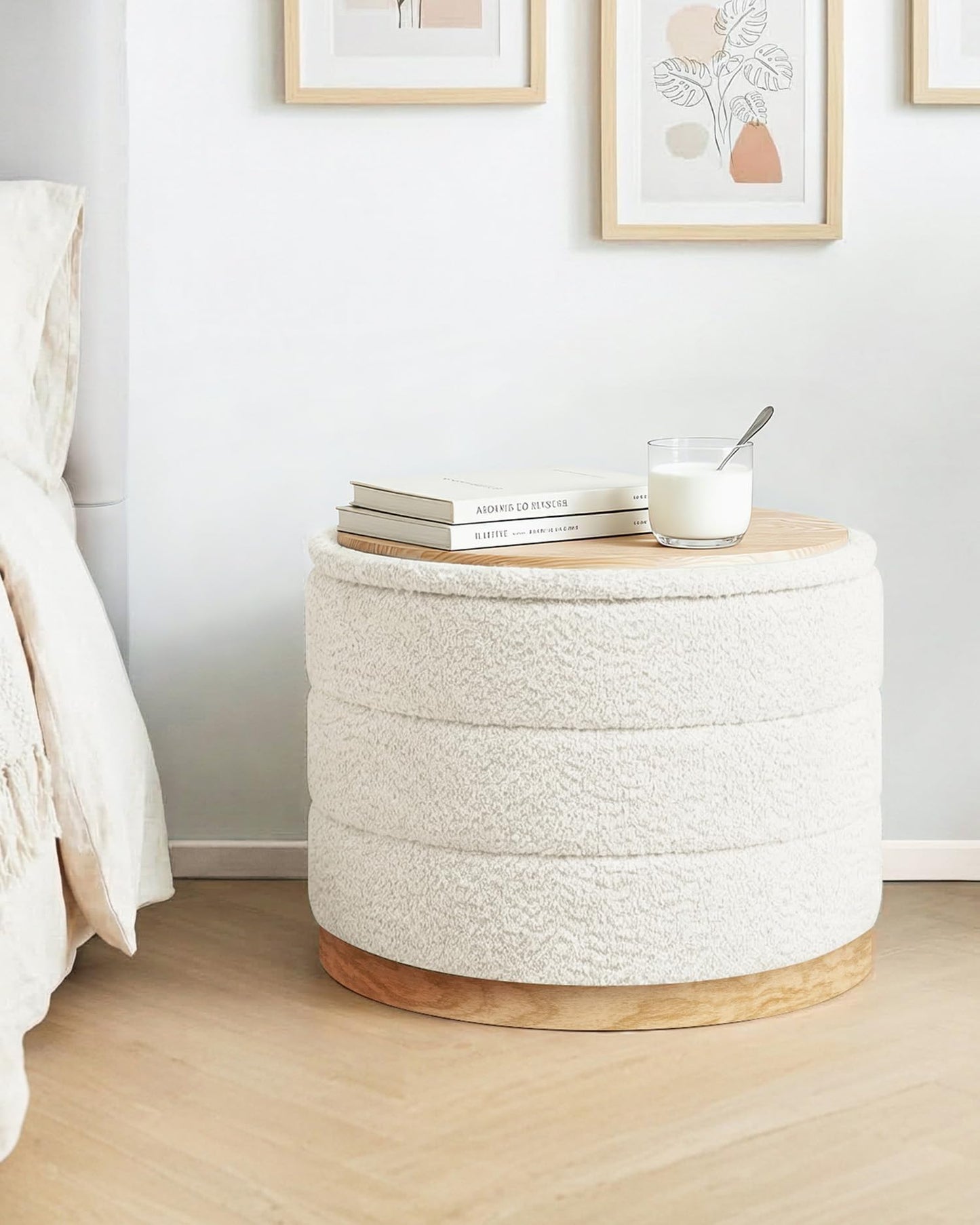 Bonlife Round Chenille Storage Ottoman Coffee Table, Folding Footstool with Table Top