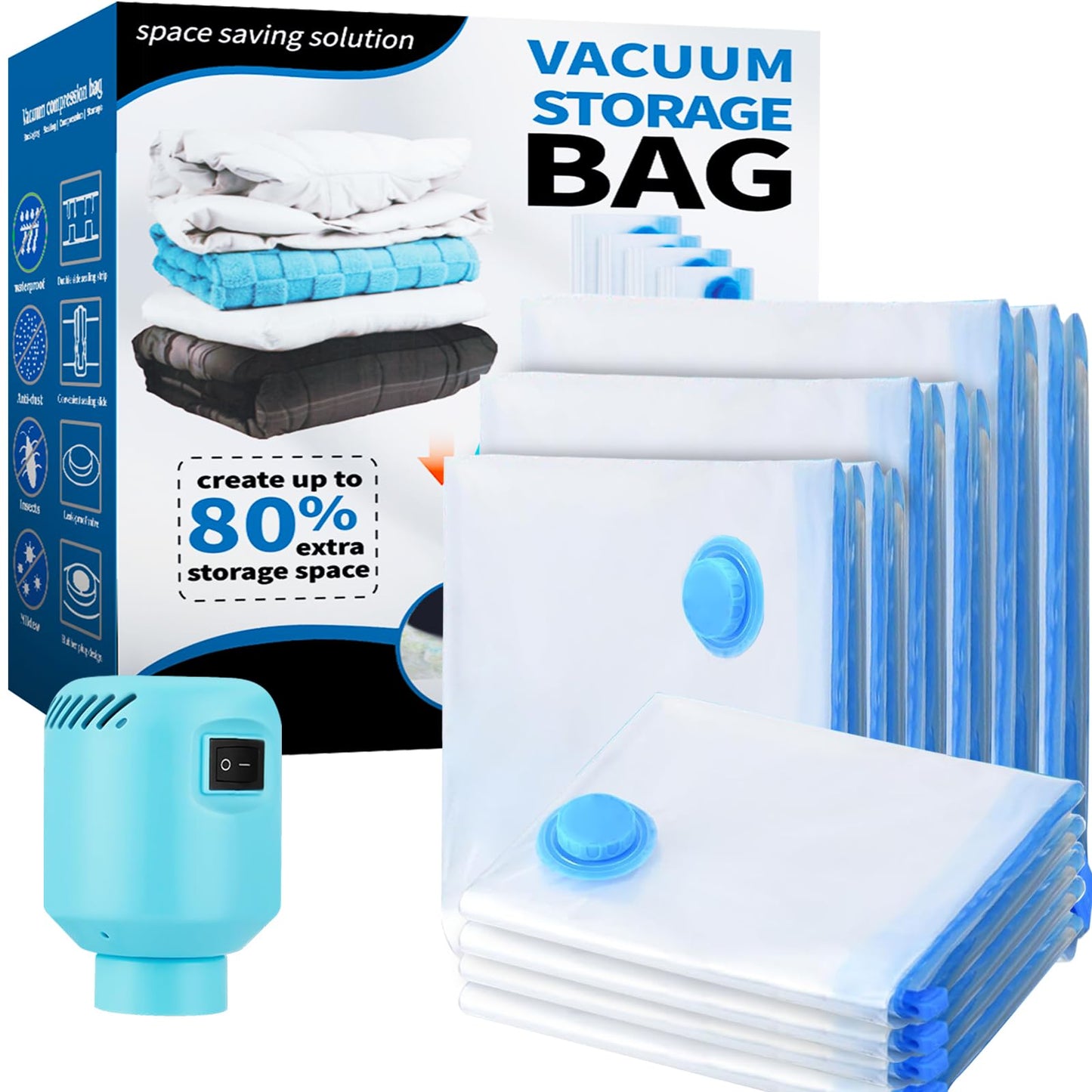 Vacuum Storage Bags 10Pcs with Electric Pump| 2XL+2L+2M+4S Space Saver Bags