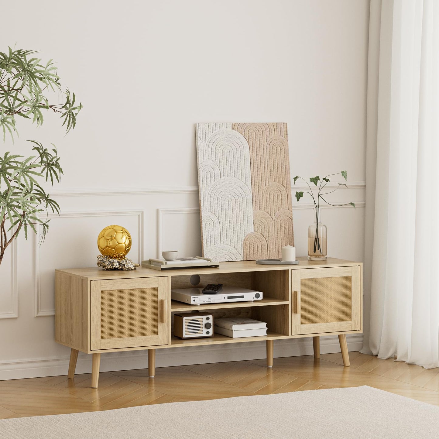 HEYZOEY Oak TV Stand, Rattan Doors, 2 Cabinets, Wood Legs, up to 65 in