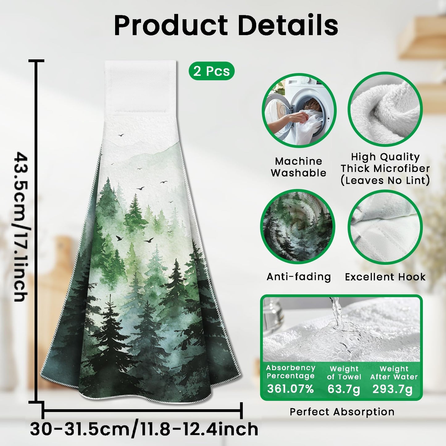 CUTHOLLOW 2 Pcs Watercolor Forest Hanging Kitchen Towels with Loop