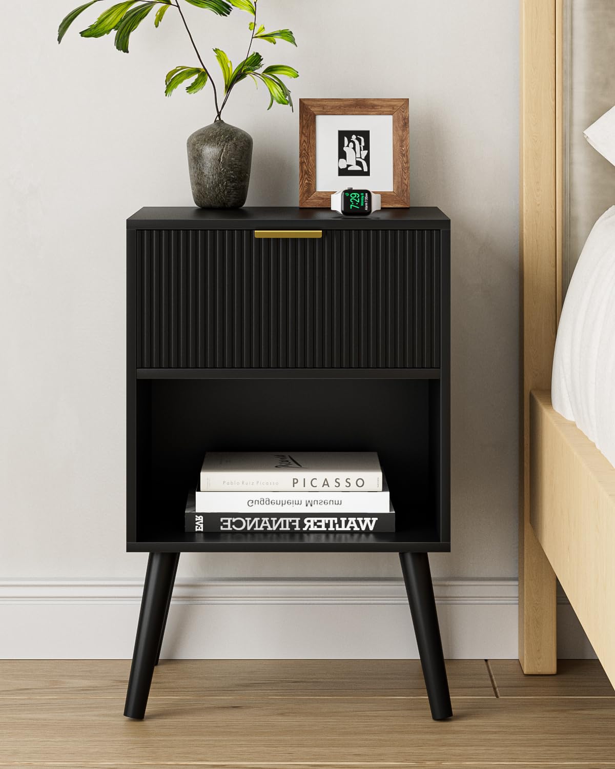 Apetaccat Bedside Table, Nightstand with Drawer and Storage Shelf, Black
