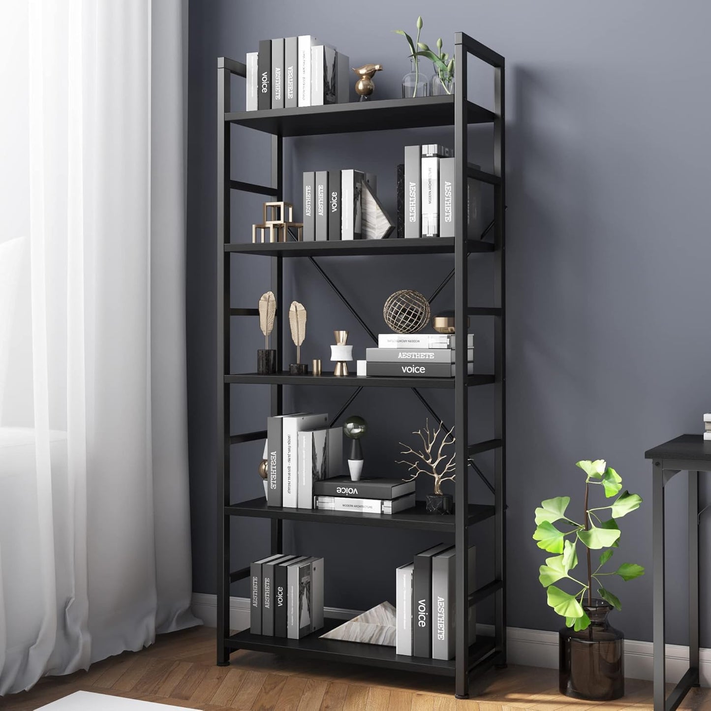 VERMESS Industrial Bookshelf, 5 Tier Wood Bookshelf with Open Shelves, Rustic Standing Bookshelves, Metal Frame, Display Shelf for Living Room