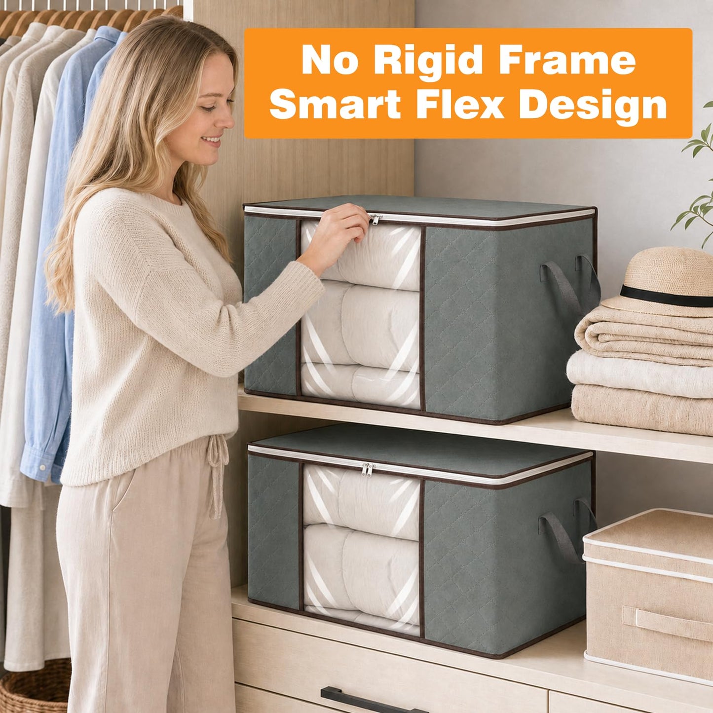 RICHER HOUSE 95L Clothes Storage Bags, Foldable Storage Box with Lid,6 Pack