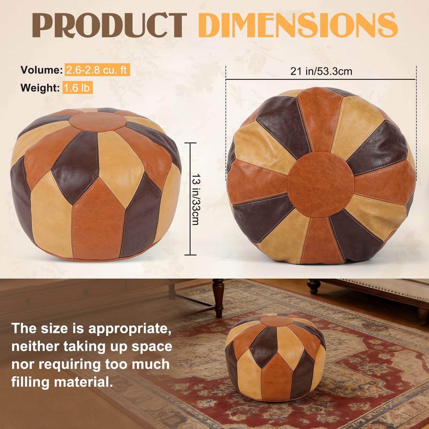 Ayrirel Unstuffed Moroccan Pouf Ottoman Footstools for Living Room,Waterproof Faux Leather Pouffe Foot Rest Cover,Boho Round Pouffe,Multifunctional