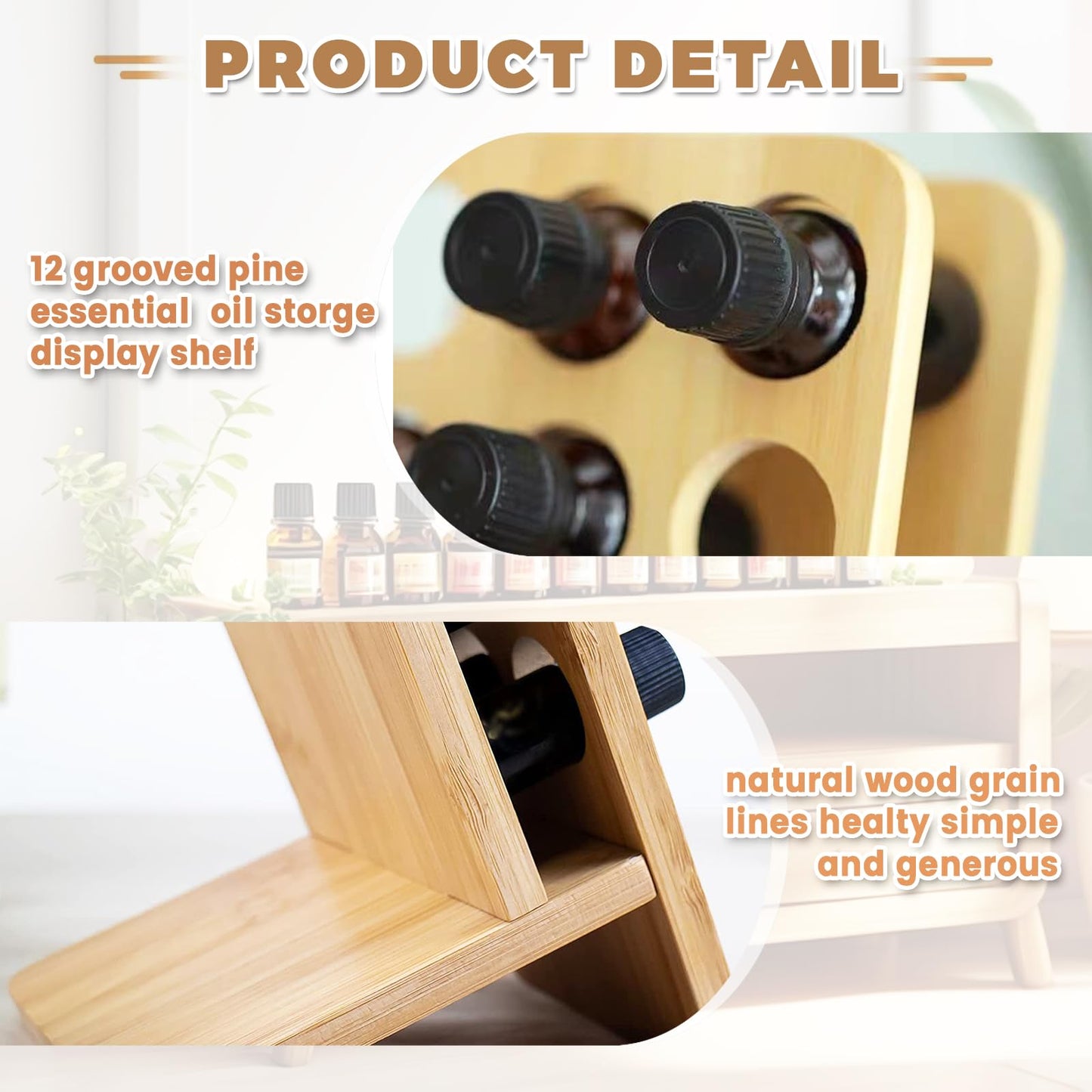 Honicemar 12 - Hole Wooden Essential Oil Holder Aromatherapy Organizer Essential Oil Bottles Display Rack & Slanted Essential Oil Shelf Stand
