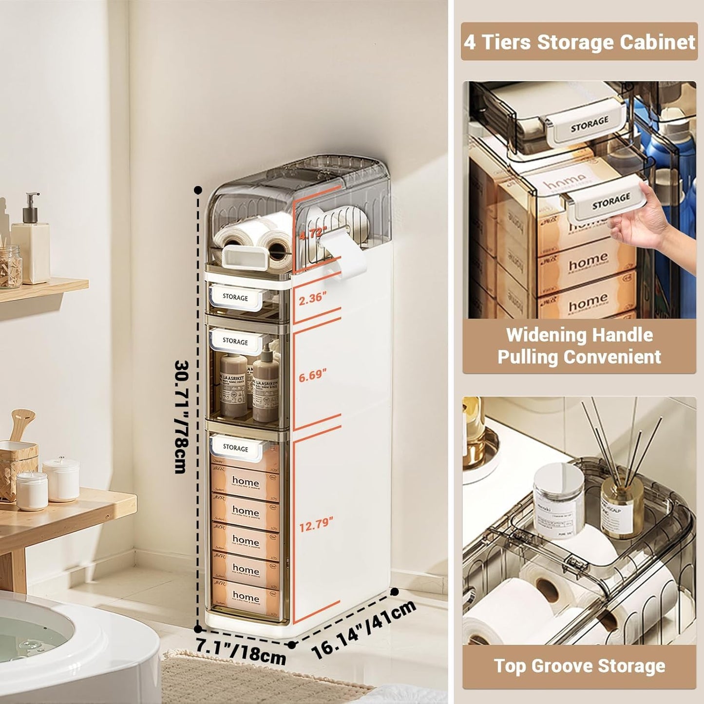 Cachpib 4 Tier Slim Bathroom Storage Cabinet Bathroom Floor Cabinet Waterproof Narrow Storage Cabinet With Drawers Plastic Freestanding Narrow