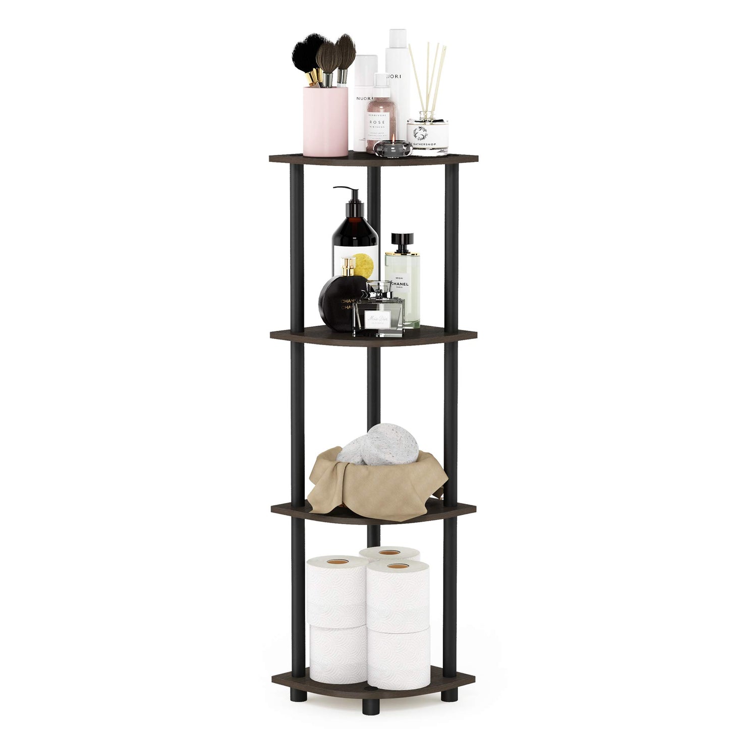Furinno TURN-N-TUBE Toolless Assembly 4-Tier Corner Shelf, Black Corner Book Shelf, Open Shelves Bookshelf, for Organization and Storage, Living Room