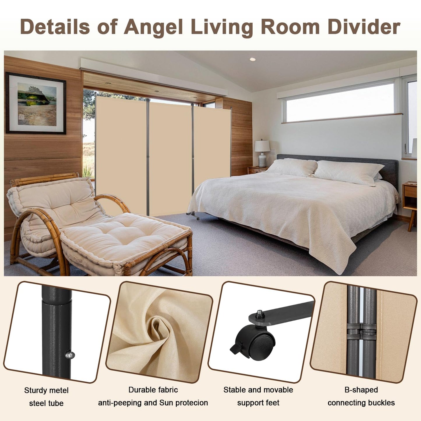 Angel Living 3 Panels Folding Room Divider, Privacy Screen Composed of Polyester Fabric and Sturdy Iron Frame