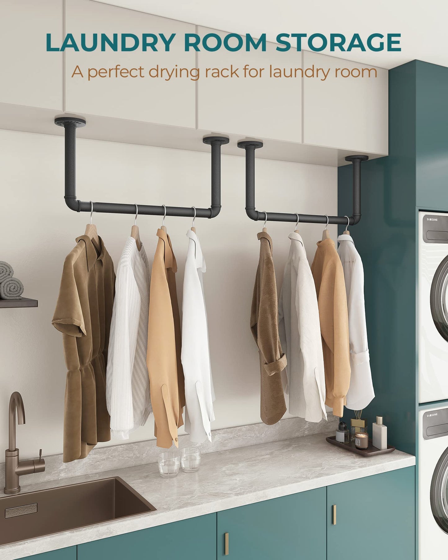 OROPY Set of 2 Wall Mounted Clothes Rail, 49cm Industrial Pipe Clothes Rack