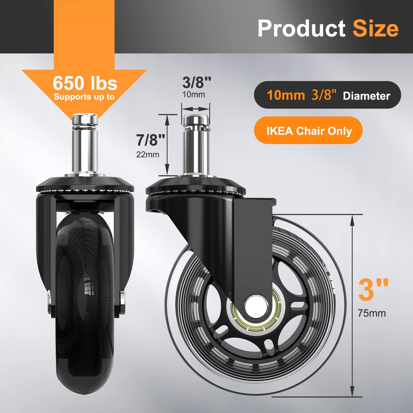 Soontrans Office Chair Wheels 10mm Stem, Compatible with IKEA Chairs, 3/8 Replacement Rubber Chair Casters, Set of 5