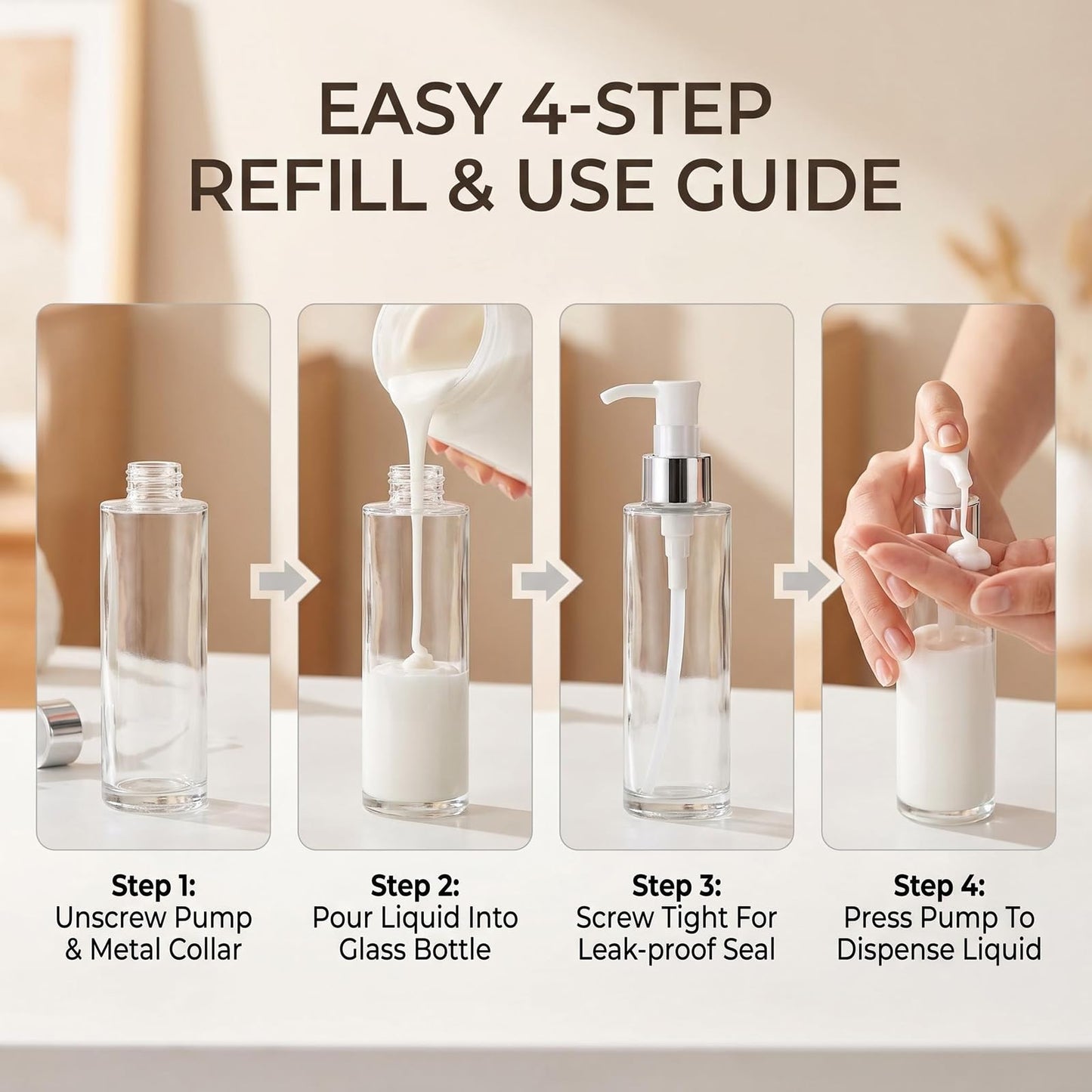 2Pcs 120ML/4OZ Clear Glass Pump Bottles Refillable Liquid Hand Soap Bottle Make Up Cosmetic Dispenser for Shampoo Lotion Home Decor Accessories
