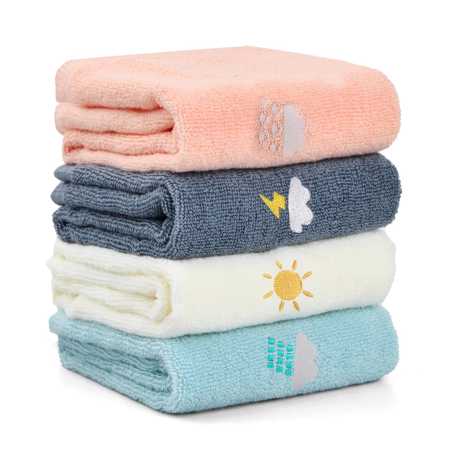 Dewocke 4PCS Children's Facial Towel, Kids Washcloth Towels, Cotton Kids Face Towels, Cute Hand Towel Set, Embroidered Children Towels