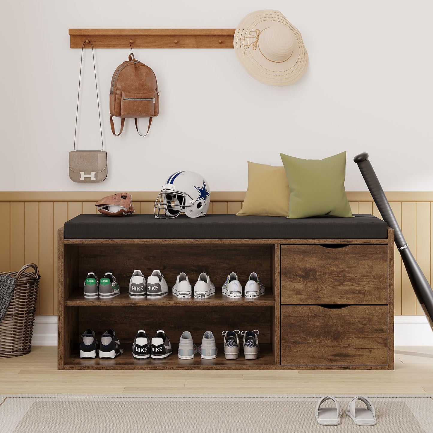 LVB Entryway Shoe Bench, Rustic Storage Bench with Cushioned Seat, Long Hidden Shoe Organizer Bench with 2 Drawers