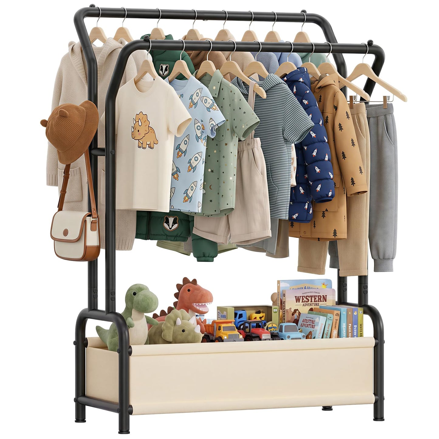 ZHKINGGS Kids Clothes Rail with Dual Rods & Storage Basket