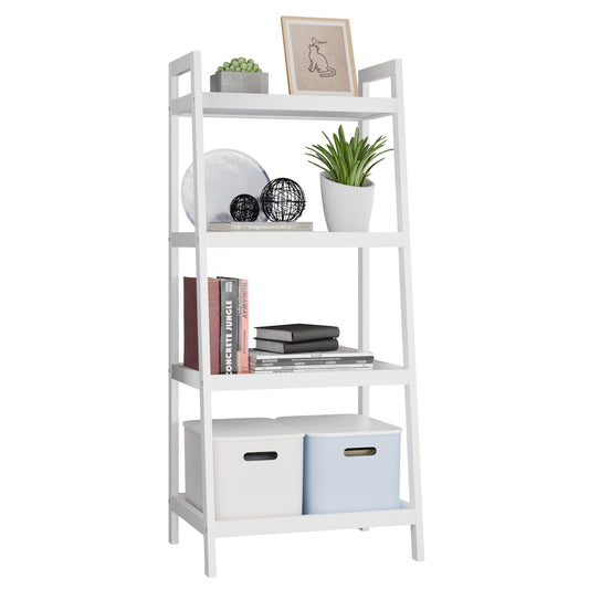 SMIBUY Ladder Shelf, 4 Tier Bamboo Bookshelf, Bathroom Storage Organizer Plant Display Stand, Freestanding Open Shelving Unit with Handles for Home
