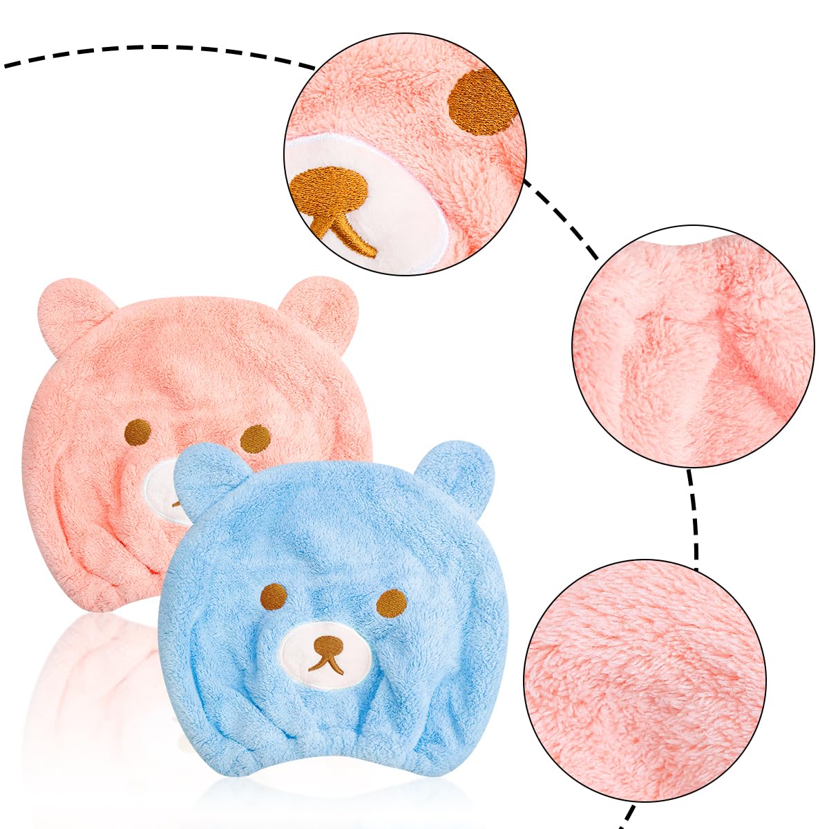GLADFRESIT 2Pcs Ultra Absorbent Bath Caps, Cute Bear Hair Drying Wrap Towel for Kids, Velvet Quick Dry Head Towel Cap for Girls Shower Spa