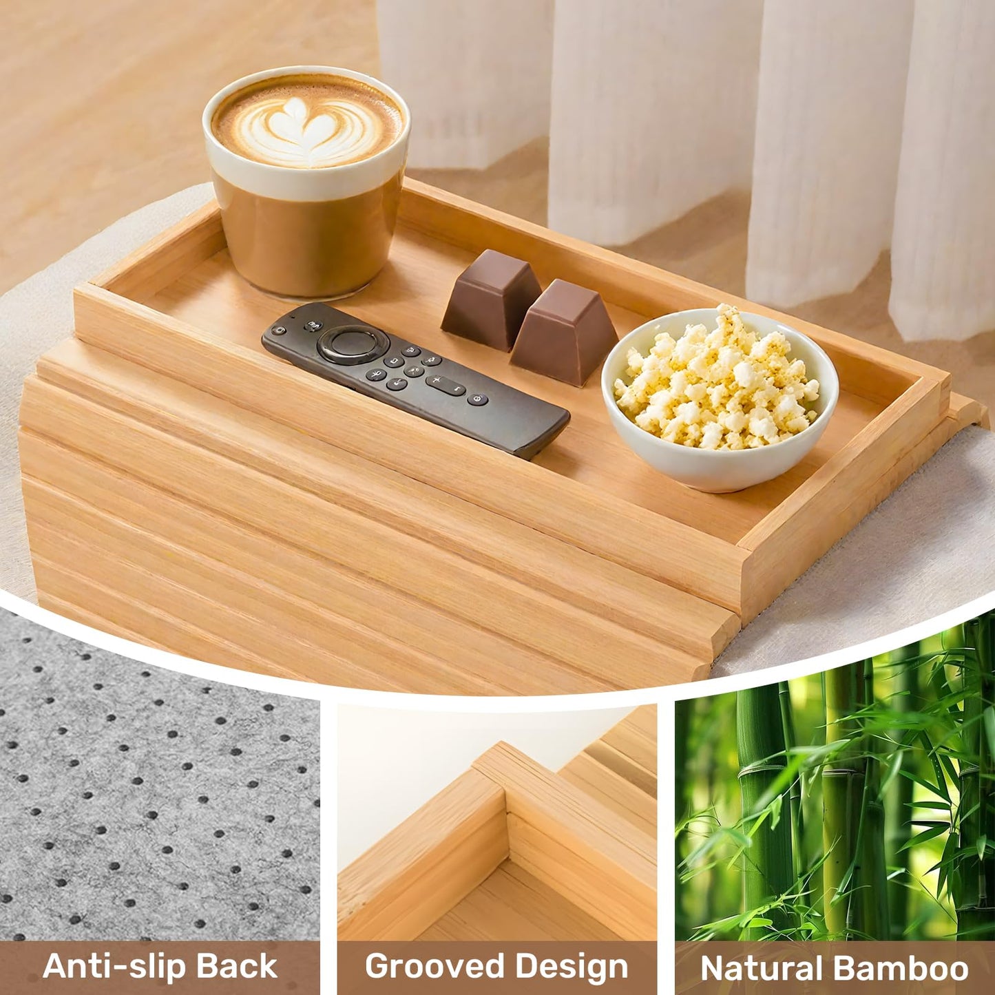ULIKEUS Bamboo Sofa Arm Tray Foldable Couch Cup Holder Anti-Slip Armrest Organizer Sofa Side Table for Control, Drink, Snacks, Cups