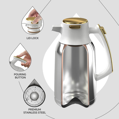 IDEUS Vacuum Insulated Coffee Carafe, 68 oz (2 Liters) Stainless Steel Milk Jug Thermal Tea Pot Hot & Cold Water Beverage Dispenser (White)