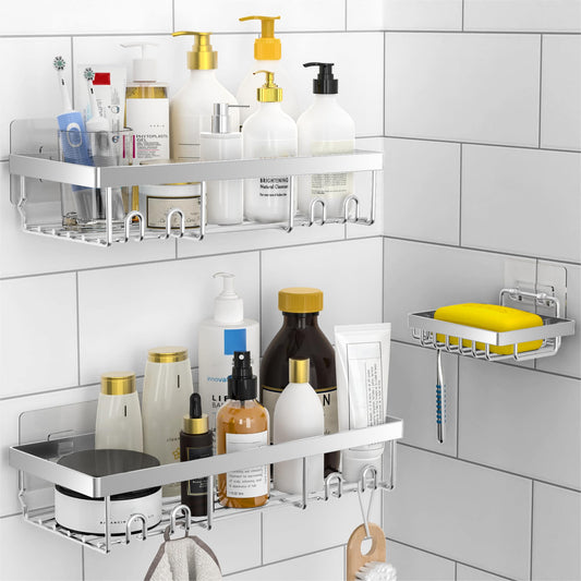 DIFULI Shower Caddy Shelf Organiser 3 Pack with Soap Holder, No Drill Silver Shower Shelves,Self Adhesive Bathroom Storage Accessories