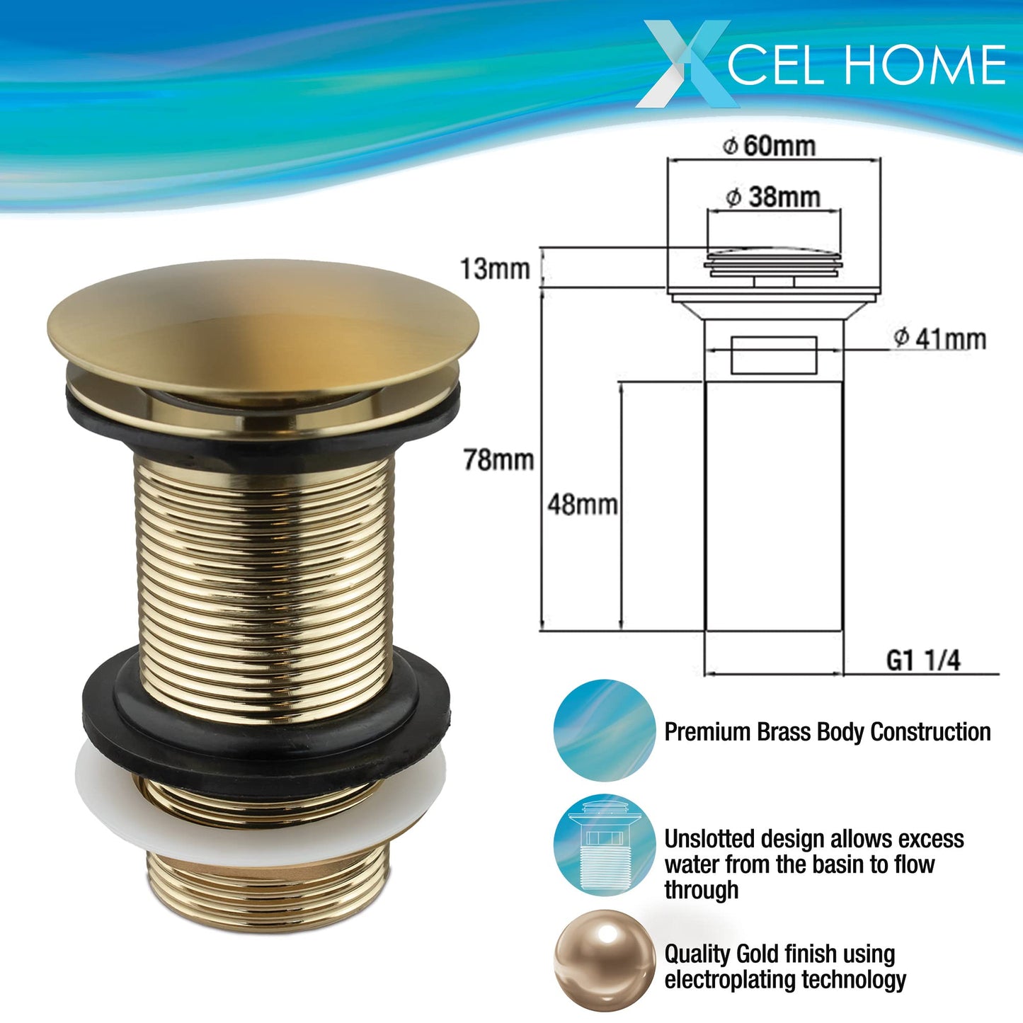 Xcel Home Brushed Gold Unslotted Click Clack Basin Waste | DIY Replacement Round Dome Shaped Brass Pop-Up Sink Plug for Bathroom Sinks & Basins