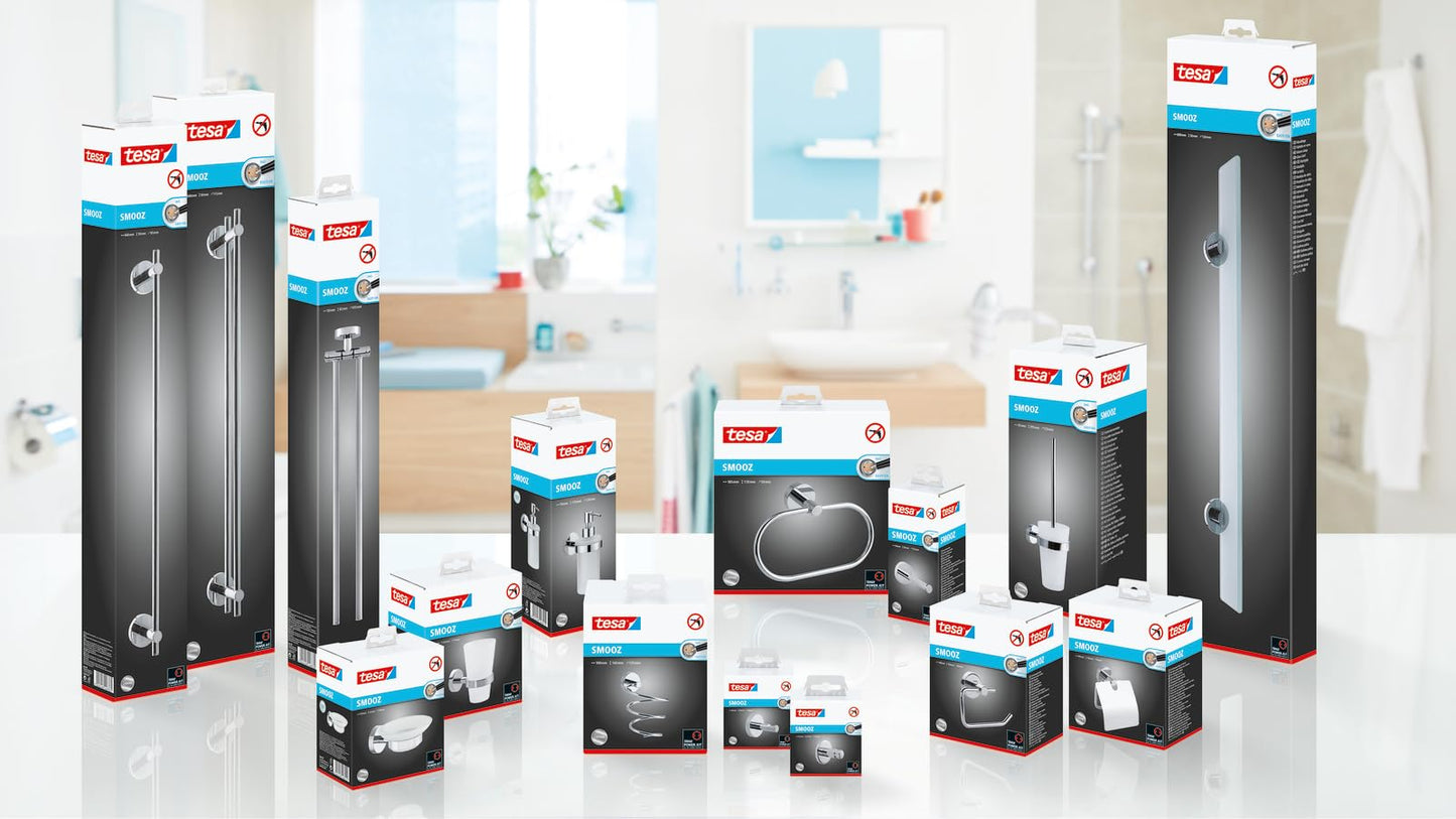 tesa SMOOZ Toothbrush and Toothpaste Holder - No Drill Wall Mounted Satined Cup with Chrome-Plated Holder, Stainless - Waterproof