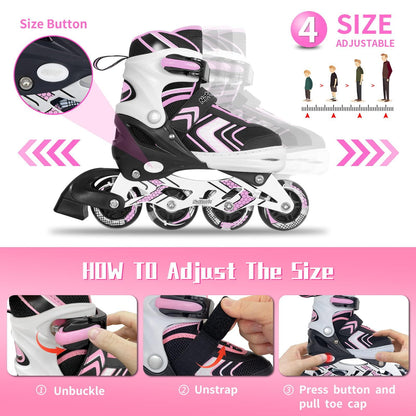 Nattork Roller Skates for Girls with Full Light up Wheels, Adjustable Beginner Inline Skates for Big Kids, Pink, Size 1 2 3