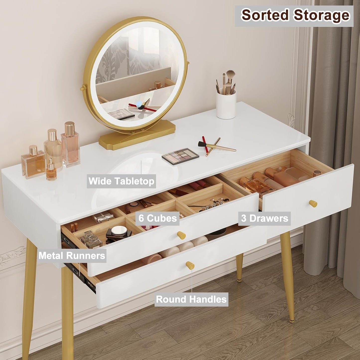 WOLTU Dressing Table with LED Mirror, Adjustable Brightness, White