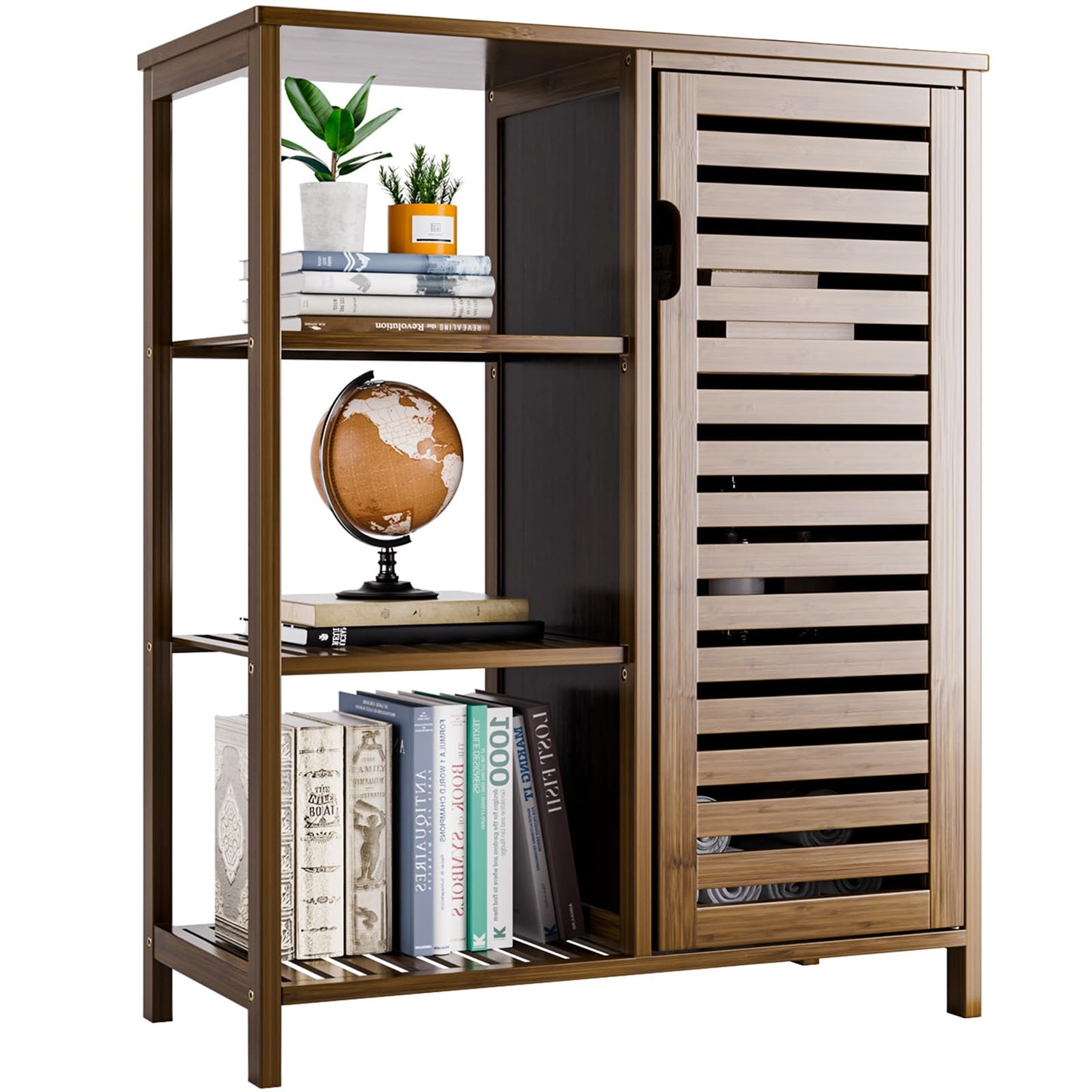HITNET Walnut Bathroom Cabinet, Bamboo Floor Standing Side Storage Organizer with Door and 3 Open Shelves, Space Saving Kitchen Living Room Cupboard